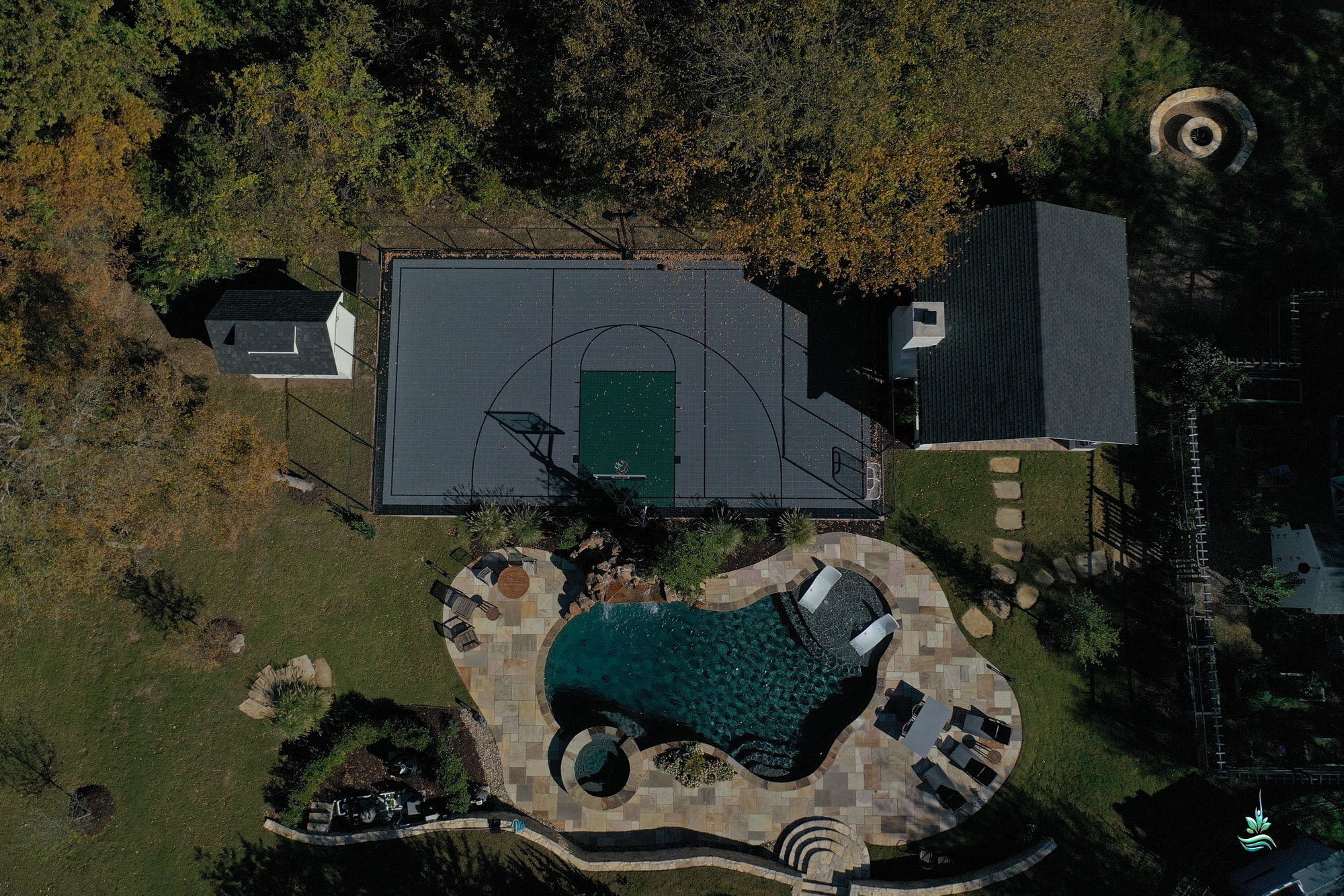 Aerial view swimming pool scene